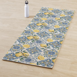 Esterilla De Yoga Azulejo Azul Francés País Acuarela Limón