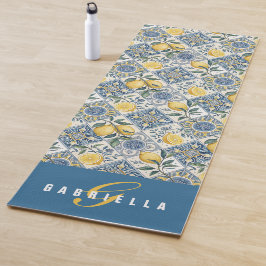 Esterilla De Yoga Azulejo Azul Limón Acuarela Nombre Personalizado