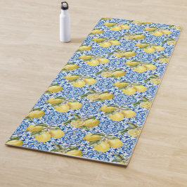 Esterilla De Yoga Azulejo de limón blanco azul patrón mediterráneo