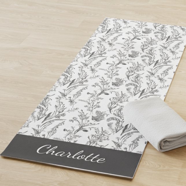 Esterilla De Yoga Black White Toile Floral Pattern Custom Name (black and white minimalist toile pattern stemless yoga mat with custom name for gift for her)