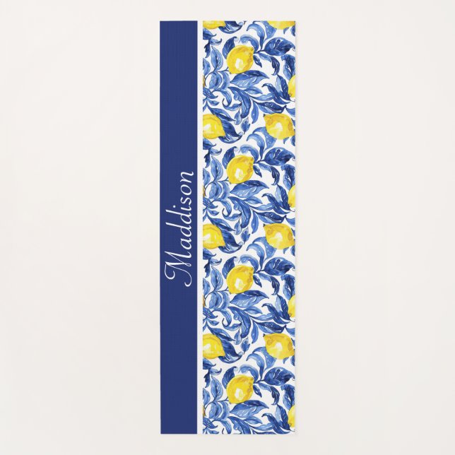 Esterilla De Yoga Blue Watercolor Lemon Pattern Monogram Name (Anverso)
