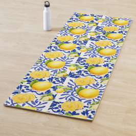 Esterilla De Yoga Blue White Lemon Tile Pattern Mediterranean Citrus