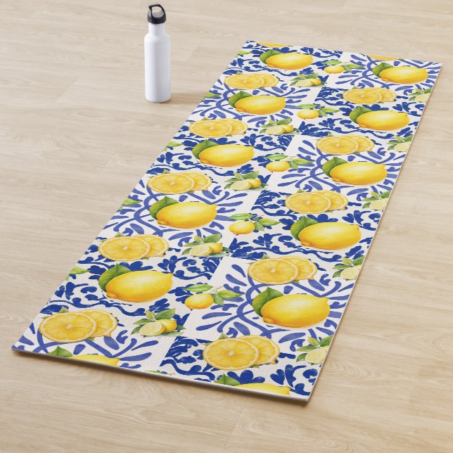 Esterilla De Yoga Blue White Lemon Tile Pattern Mediterranean Citrus (In situ)