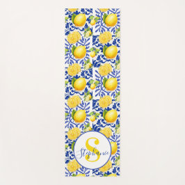 Esterilla De Yoga Blue White Lemon Tile Pattern Name Monogram Citrus