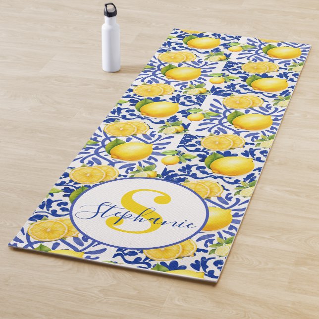 Esterilla De Yoga Blue White Lemon Tile Pattern Name Monogram Citrus (In situ)