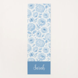 Esterilla De Yoga Blue White Watercolor Floral Pattern Custom Name