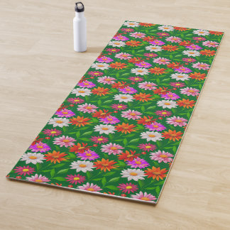 Esterilla De Yoga Boho Chic Multicolor Flowers with Leaves on Green