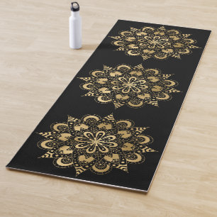 Esterilla De Yoga Boho negro del patrón de Mandala dorado