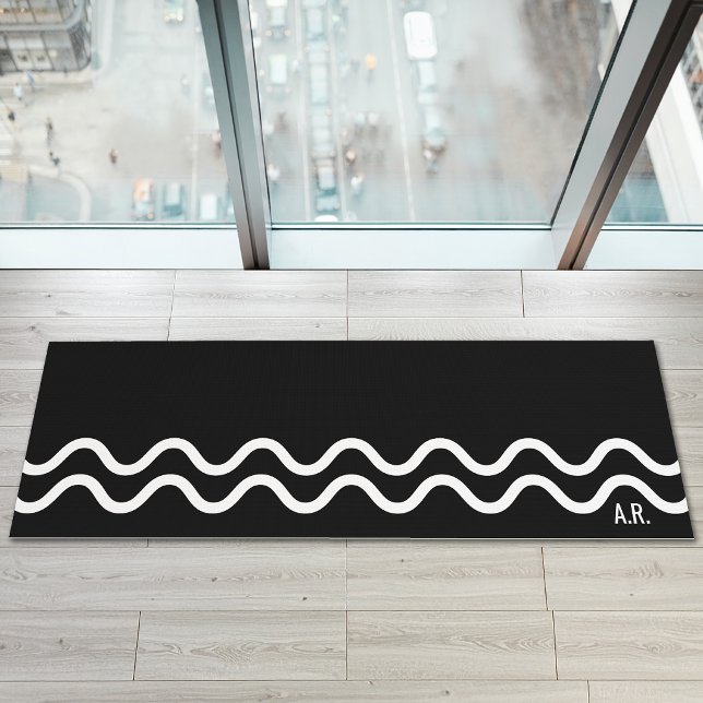 Esterilla De Yoga Bold Black Modern Minimal Wavy Lines With Initials (Disclaimer: This image is a digital mockup.)