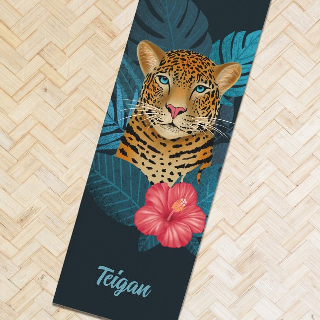 Esterilla De Yoga Bonito Jungle Leopard Floral Art | Azul | Nombre (Subido por el creador)