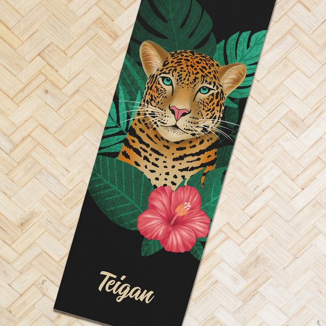Esterilla De Yoga Bonito Jungle Leopard Floral Art | Negro | Nombre (Subido por el creador)