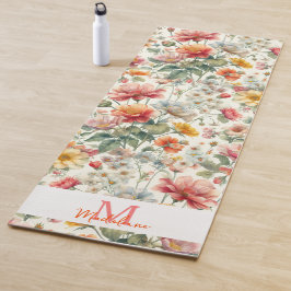Esterilla De Yoga Bonito Naranja floral Coral Rosa Boho Nombre Monog
