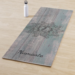 Esterilla De Yoga Buda de corona floral negra en madera rústica