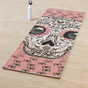 Esterilla De Yoga Calavera de azúcar rosa y dorada y corazones capri