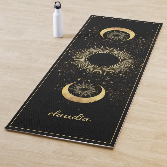 Esterilla De Yoga Celestial Gold Black Sun Moon Phase Personalized  (In situ)
