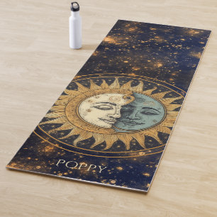 Esterilla De Yoga Celestial Gold Blue Sun Moon Faces Personalizado