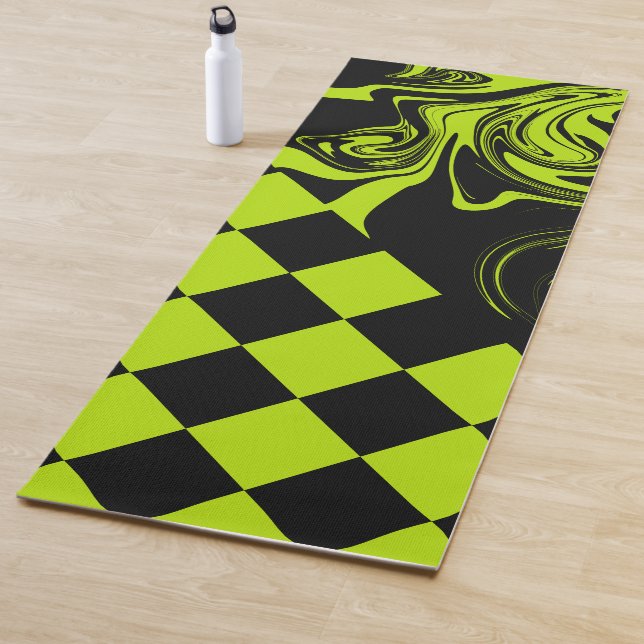 Esterilla De Yoga Cheques y Swirls - Lime Green y Black (In situ)