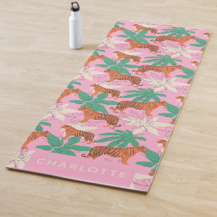 Esterilla De Yoga Chic Naranja Rosa Tigre Selva Nombre Personalizado