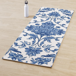 Esterilla De Yoga Chinoisería Floral Azul Acuarela Blanca