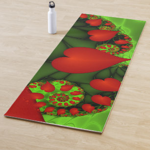 Esterilla De Yoga Corazones rojos animan el arte fractal verde moder