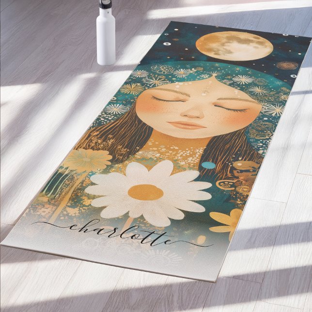 Esterilla De Yoga Cosmic Girl Boho Moon & Daisy Illustration Custom (Cosmic Girl Boho Moon & Daisy Illustration Custom Yoga Mat)