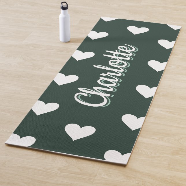 Esterilla De Yoga Dark Sage Green Hearts Personalized Name (In situ)