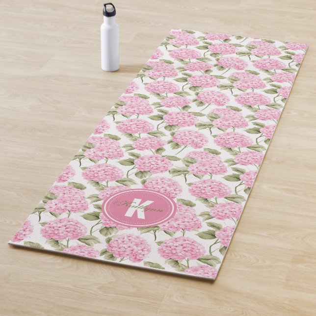 Esterilla De Yoga Elegant Pink Hydragea Flowers Pattern Monogram (In situ)