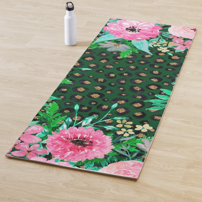 Esterilla De Yoga Elegante Leopard Print Pink Floral Green Design (In situ)