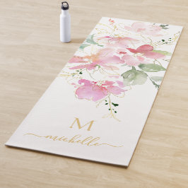 Esterilla De Yoga Elegante Monograma de guion dorado con flores rosa