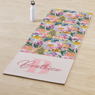 Esterilla De Yoga Elegante Pastel Rosa Abstracto Nombre Floral Monog
