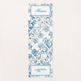 Esterilla De Yoga Elegante patrón azul y blanco y tu nombre