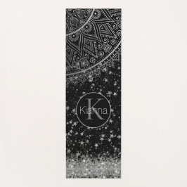 Esterilla De Yoga Encantando Mandala con estrellas plateadas en negr