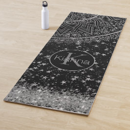 Esterilla De Yoga Encantando Mandala con estrellas plateadas en negr