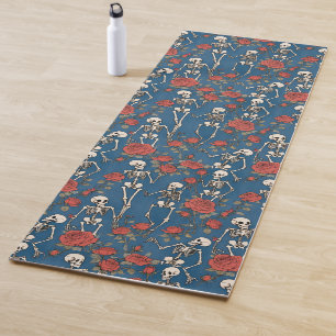 Esterilla De Yoga Esqueletos Alegres Y Rosas Rojas Mezclilla Azul