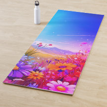 Estera de yoga con prado de puesta de sol rosa