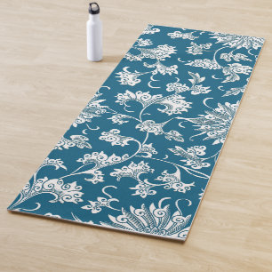 Esterilla De Yoga Fantasía floral azul y blanca