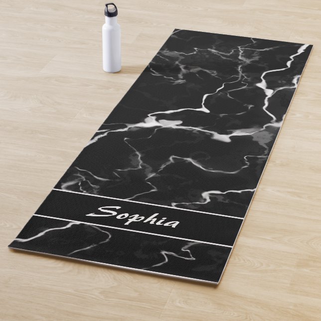 Esterilla De Yoga Faux Black Marble Texble Look With Custom Name (In situ)