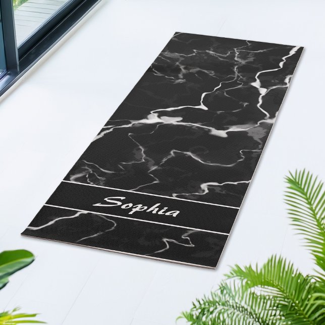 Esterilla De Yoga Faux Black Marble Texble Look With Custom Name (Subido por el creador)