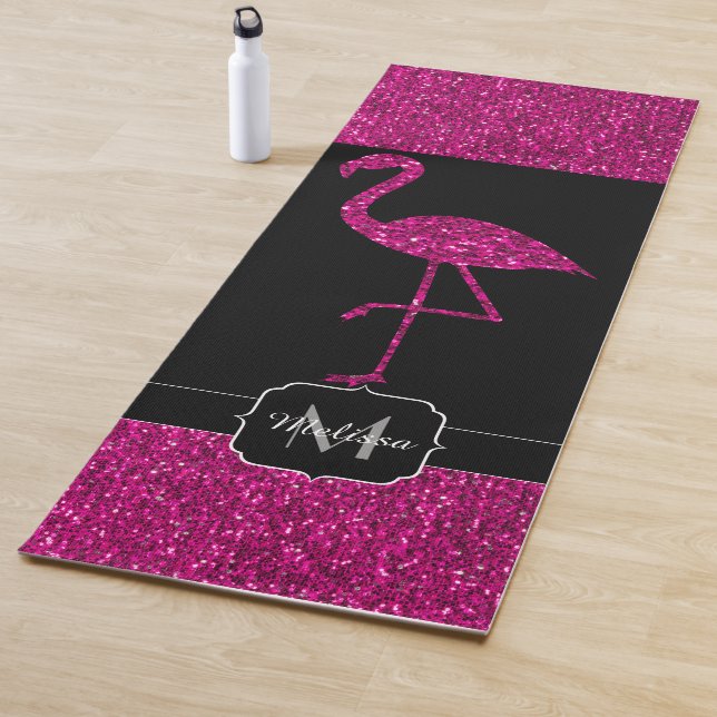 Esterilla De Yoga Flamingo purpurina de imitación rosa chispa negro  (In situ)