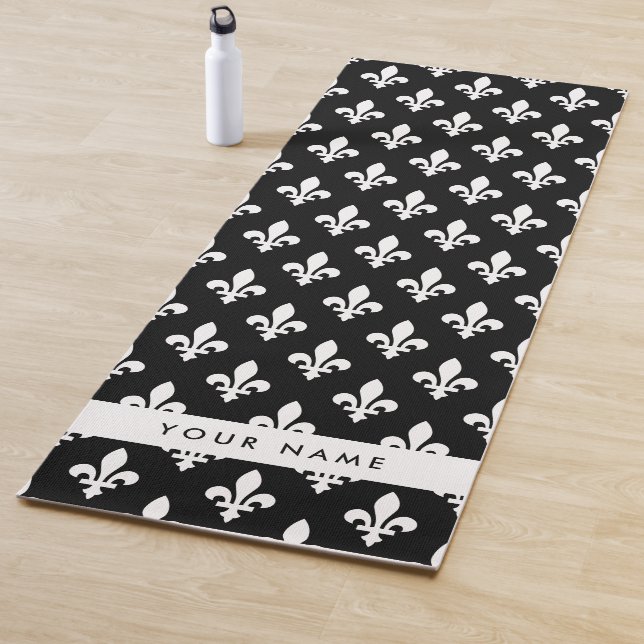 Esterilla De Yoga Fleur de Lis, Blanco sobre Negro, Blanco, Tu Nombr (In situ)
