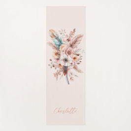 Esterilla De Yoga Flor de boho rosa y plumas elegantes
