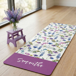 Esterilla De Yoga Flor de campo azul púrpura acuarela nombre persona