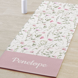Esterilla De Yoga Flor silvestre rosa acuarela nombre personalizado