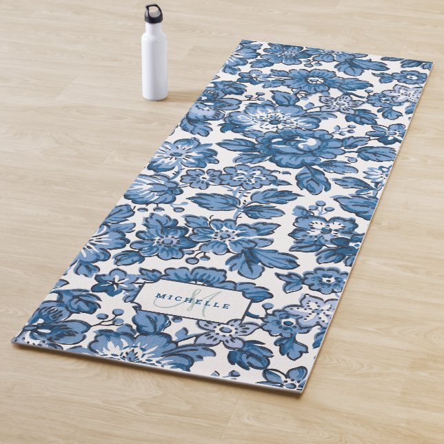 Esterilla De Yoga Floral azul Boho con nombre y monograma (In situ)