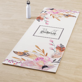 Esterilla De Yoga Florales boho pluma blanca rosa monograma femenino