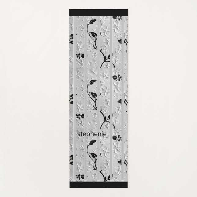Esterilla De Yoga Flores blancas y negras personalizadas (Anverso)