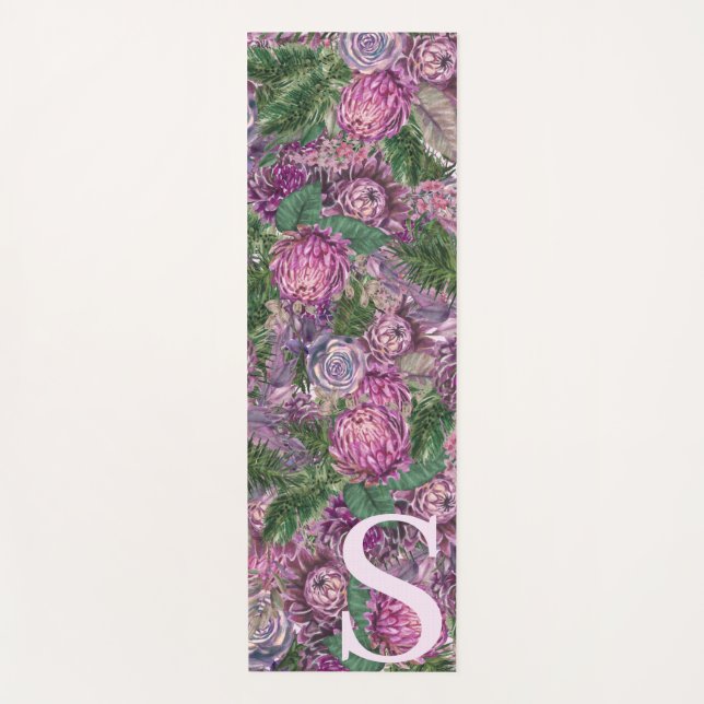 Esterilla De Yoga Flores moradas con monograma (Anverso)