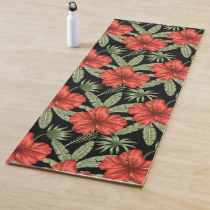 Esterilla De Yoga Flores tropicales rojas patrón de hojas verdes sin