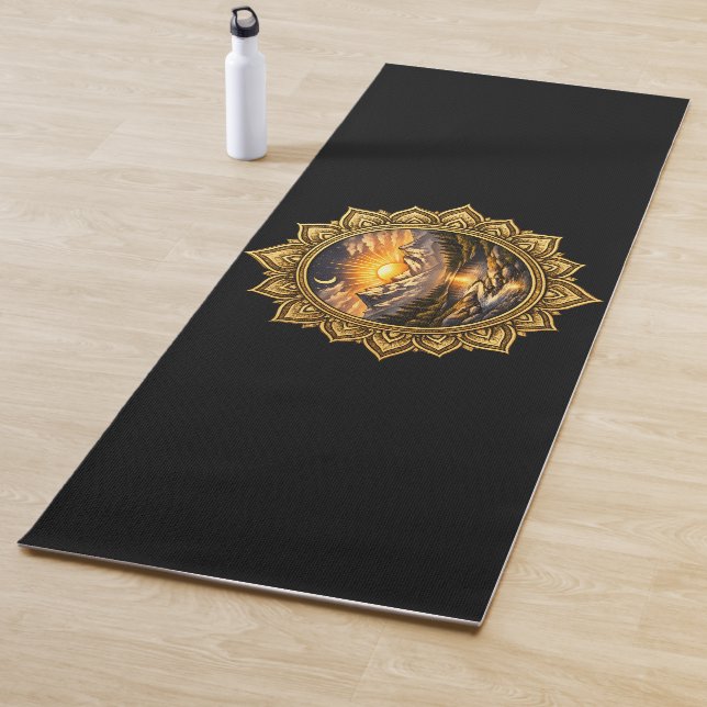 Esterilla De Yoga Golden Boho Mandala Mountain Sunset Art | Black (In situ)