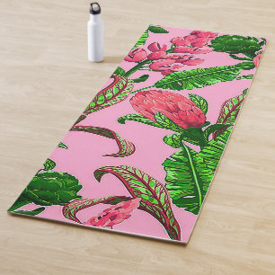 Esterilla De Yoga Hermosas Hojas Verdes Tropicales con Flores Rojas